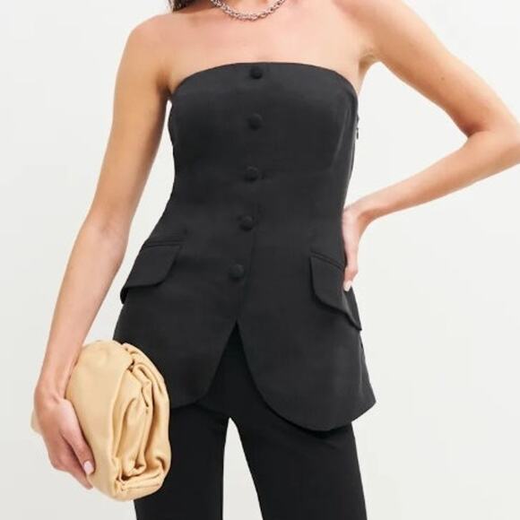 NEW $168 Reformation Black Button Strapless Blazer Tank Tonya Top w/ Pockets 10 - Picture 1 of 7